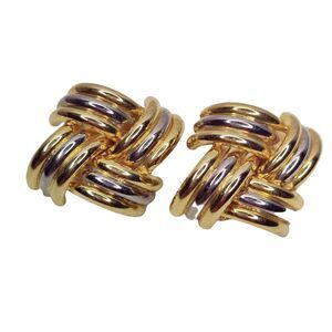 Gold & Silver Two-Tone Metal Textured Criss Cross Tubular Clip-On Earrings Vtg